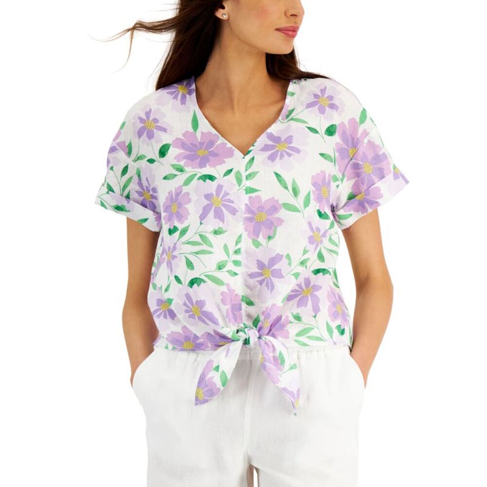 Charter Club Petite Floral Linen Tie Front Top